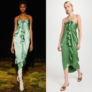 NWT CINQ‎ A SEPT Pistachio Silk Satin Rosette Halter Neck Ruffle Cocoon Dress 10